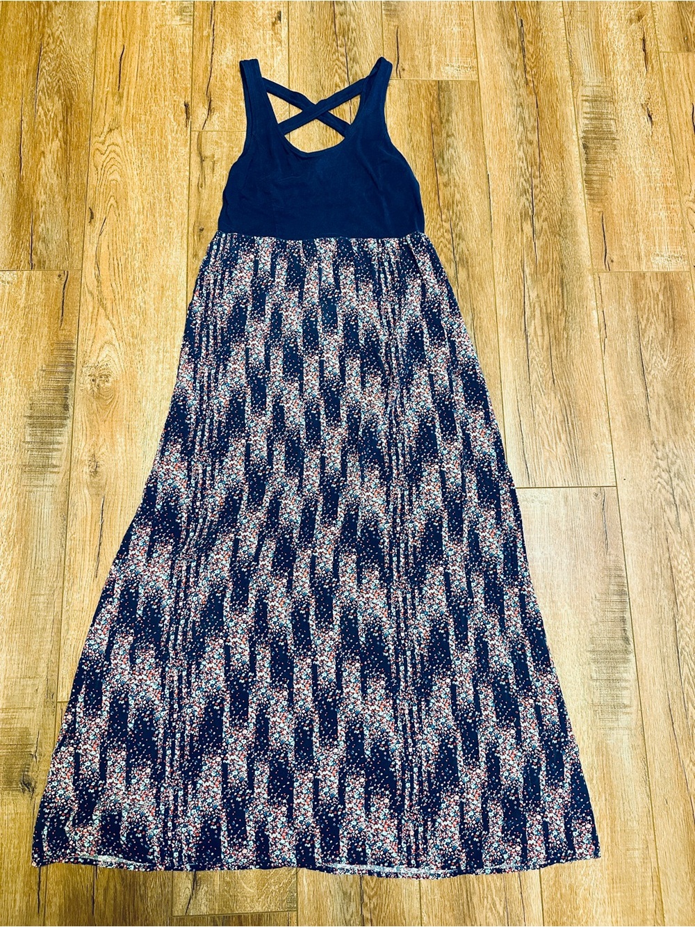 Mudd Maxi Dress Size Medium Navy Floral Skirt, Crisscross Back